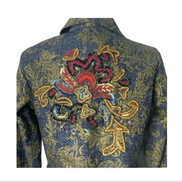 Chico’s Mottled Stretch Denim Jacket Sequin Floral - Picture 3 of 12